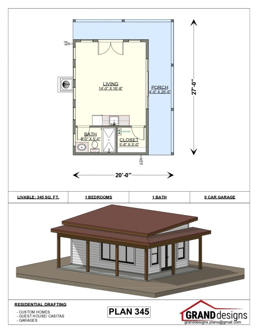 A floor plan of a small house with a porch.