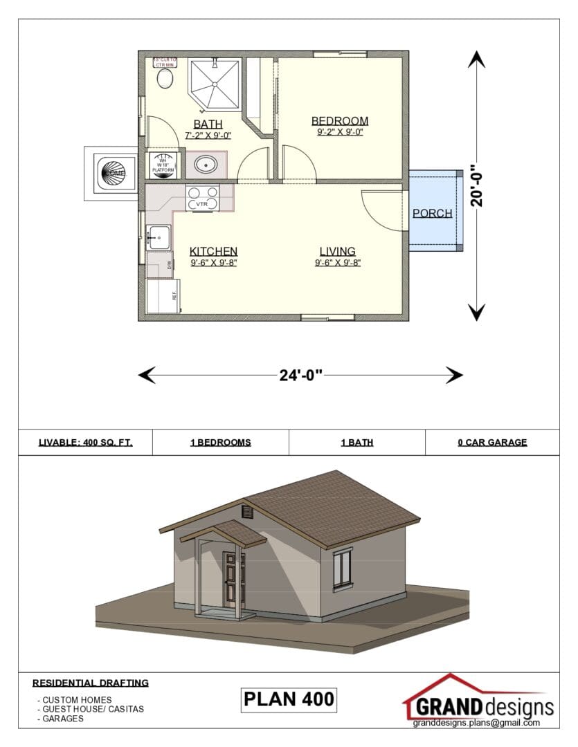 A floor plan of a small house with a shed roof.