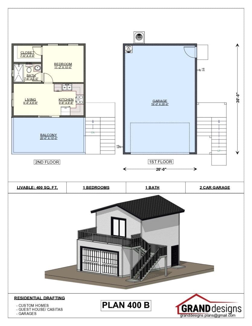 A house plan with garage and two levels.