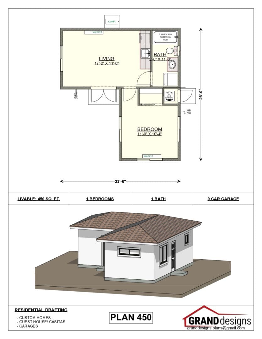 A floor plan of a house with a shed roof.