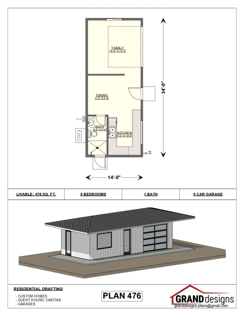 A floor plan of a small house with garage.