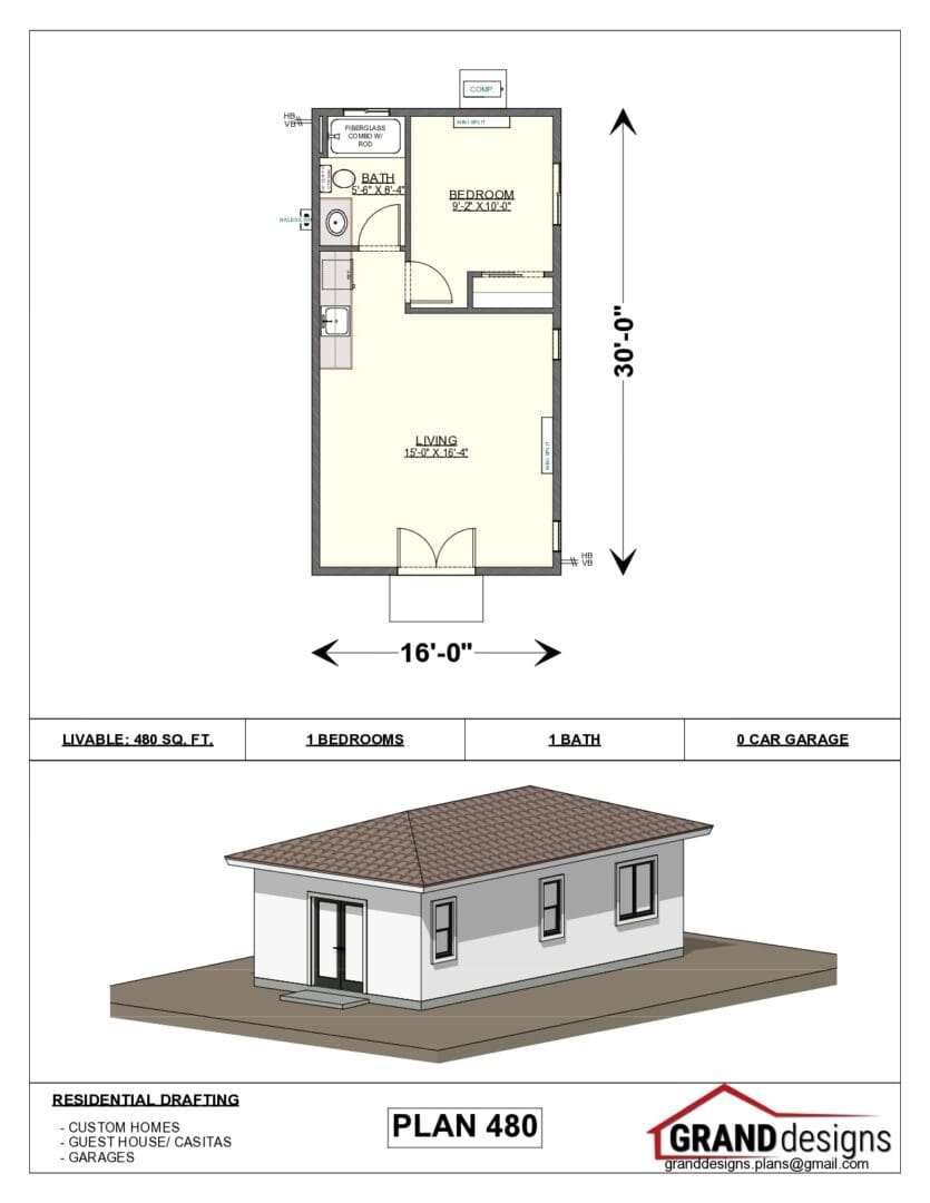 A floor plan of a small house with a shed roof.