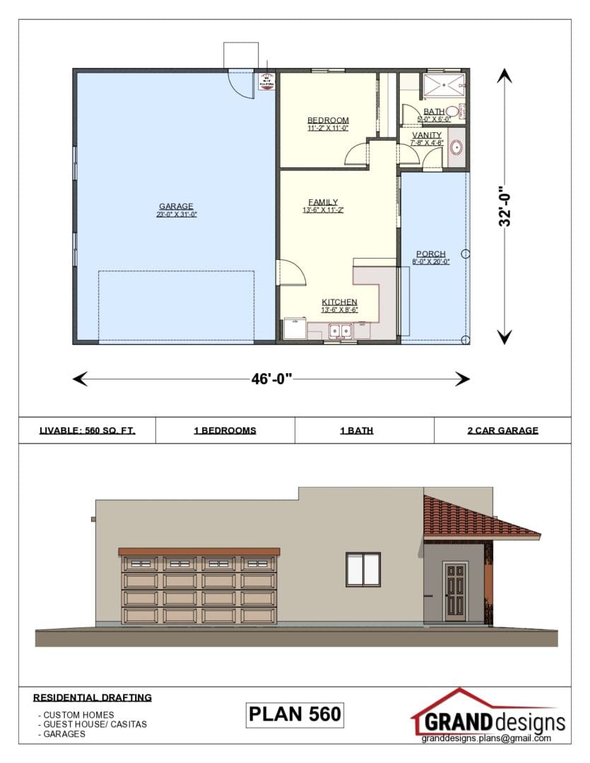 A floor plan and an image of the front of a house.