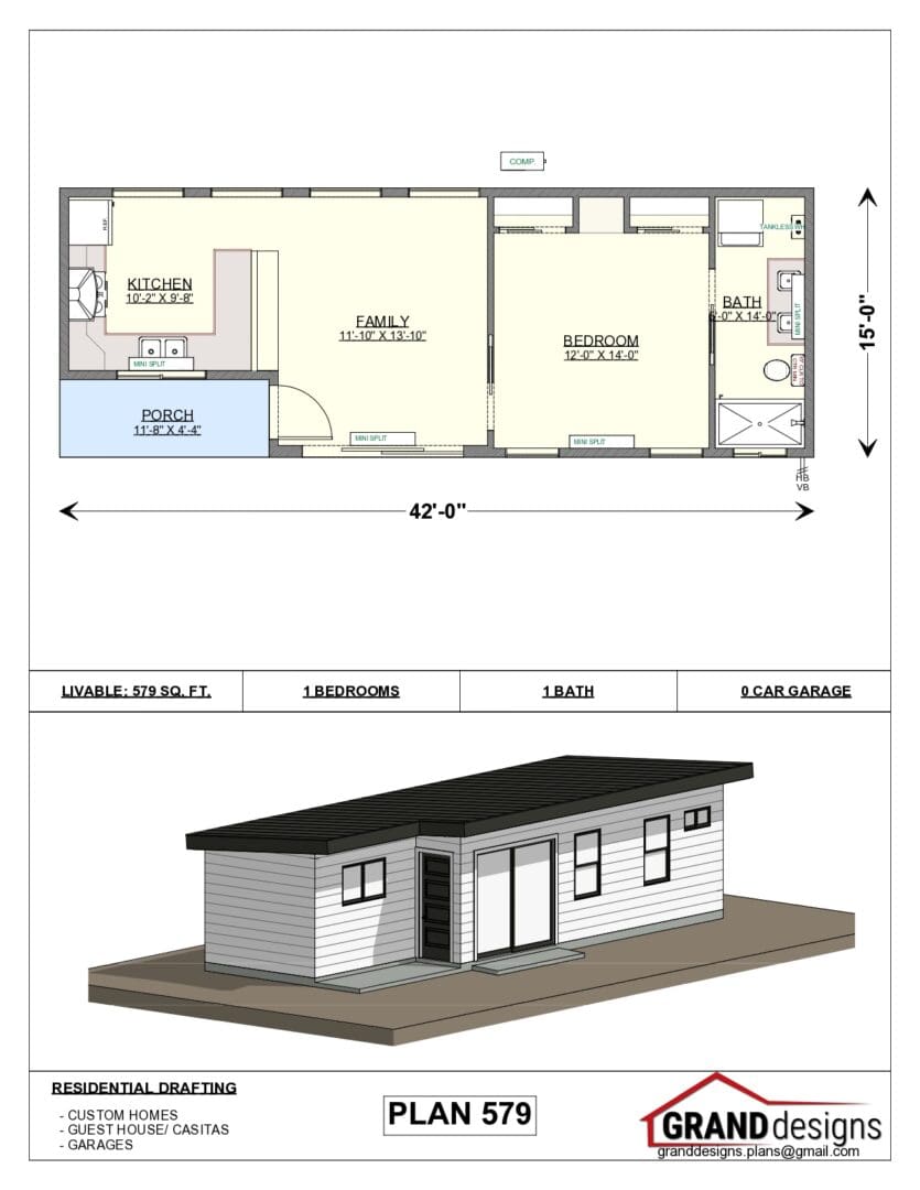 A floor plan and an image of the front of a house.