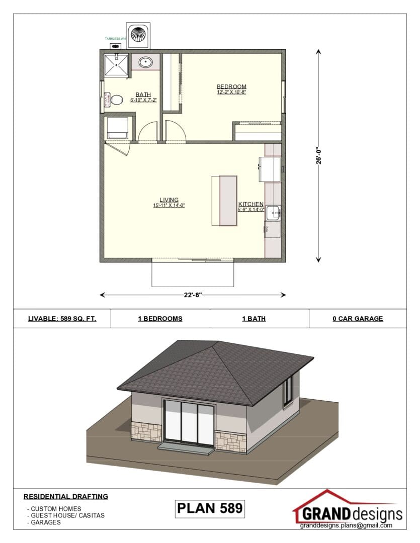 A floor plan of a small house with a garage.