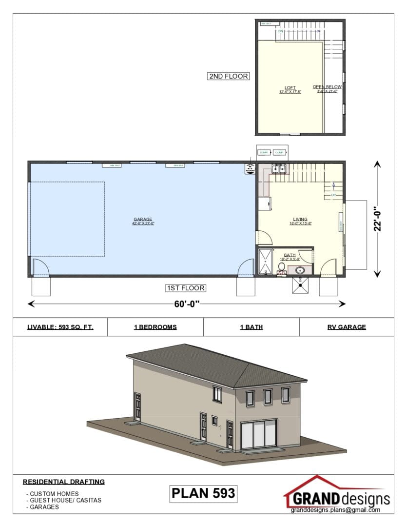 A drawing of the floor plan and elevation for a house.