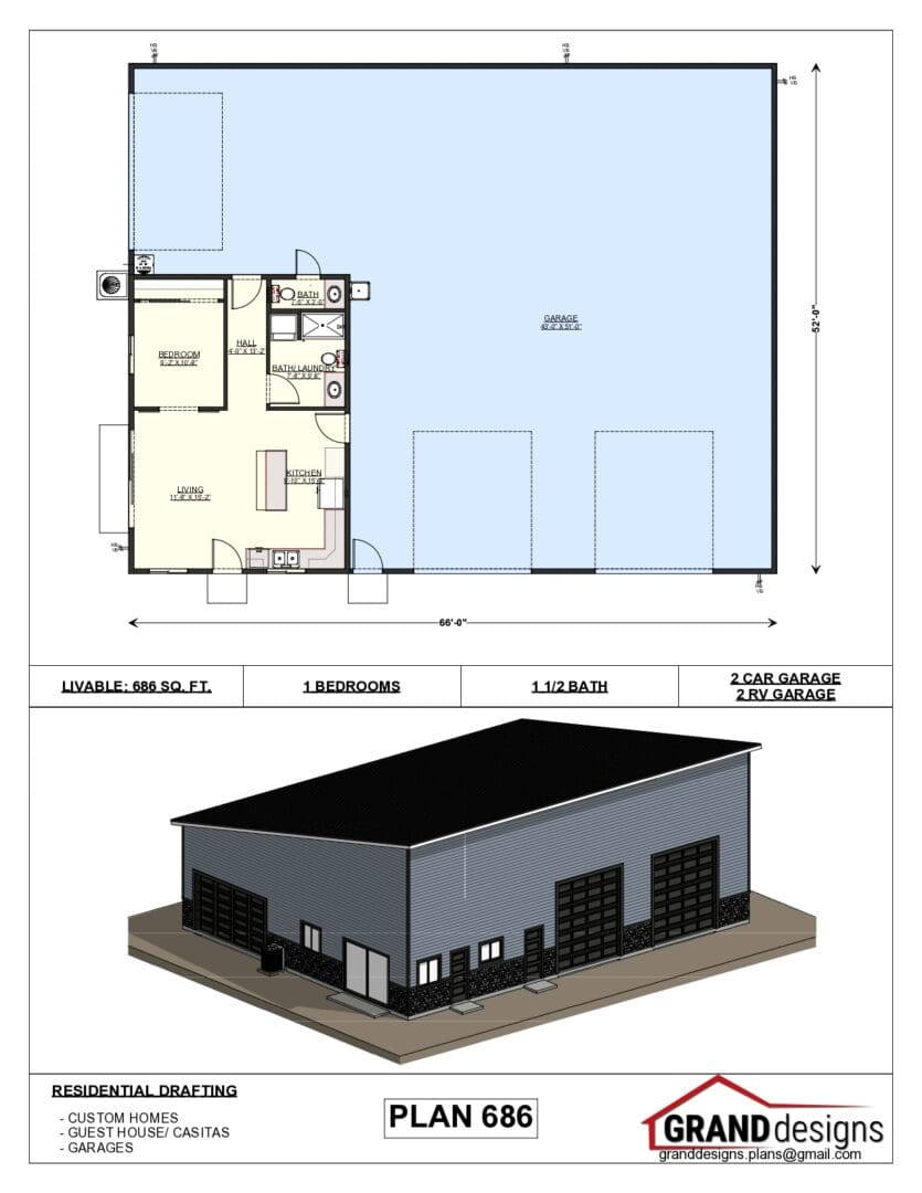 A floor plan of an industrial building with a garage.