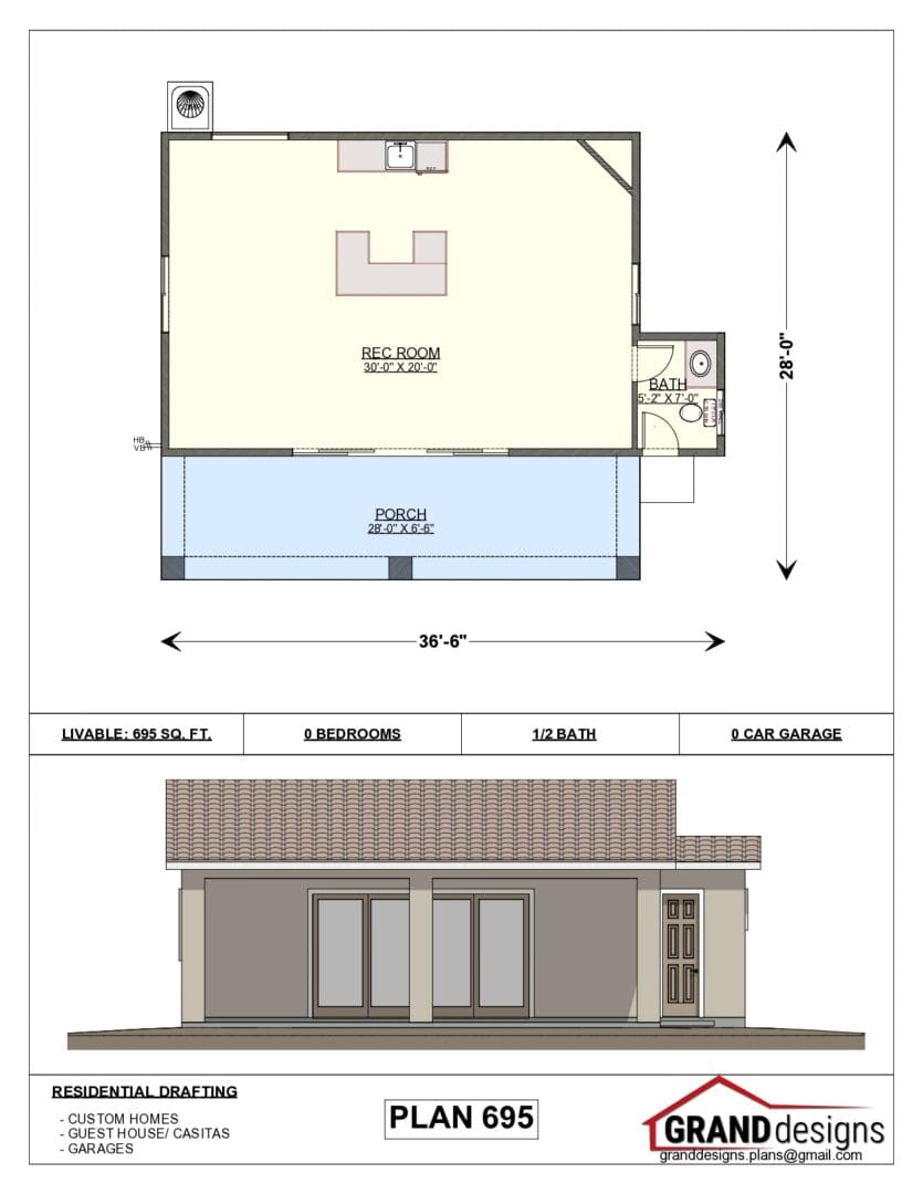 A floor plan of a building with a pool and garage.