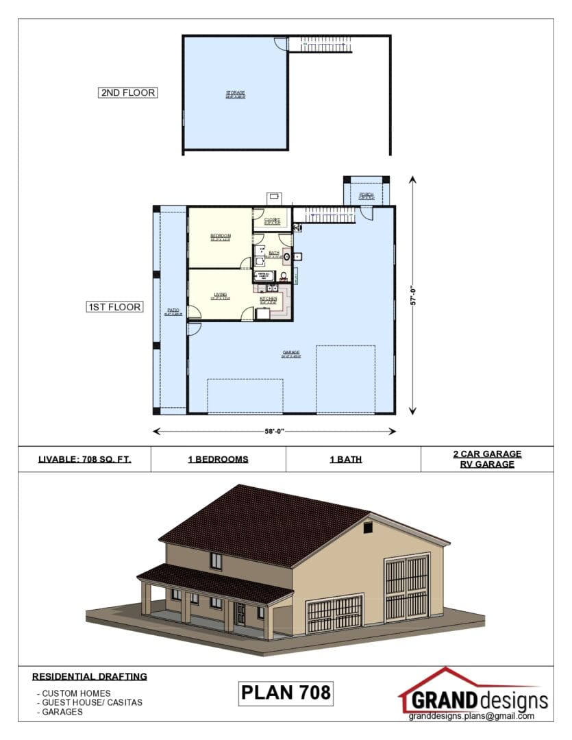 A house plan with two levels and three bedrooms.