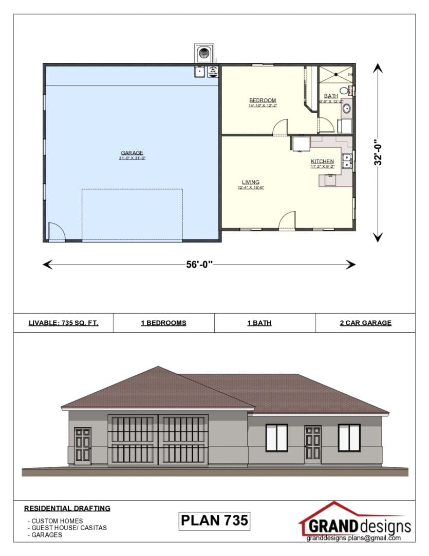 A floor plan and an image of the front of a house.