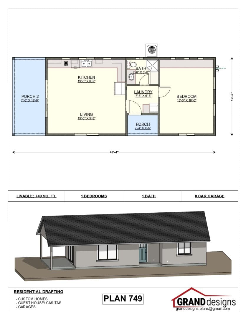 A floor plan of a house and an image of the front.