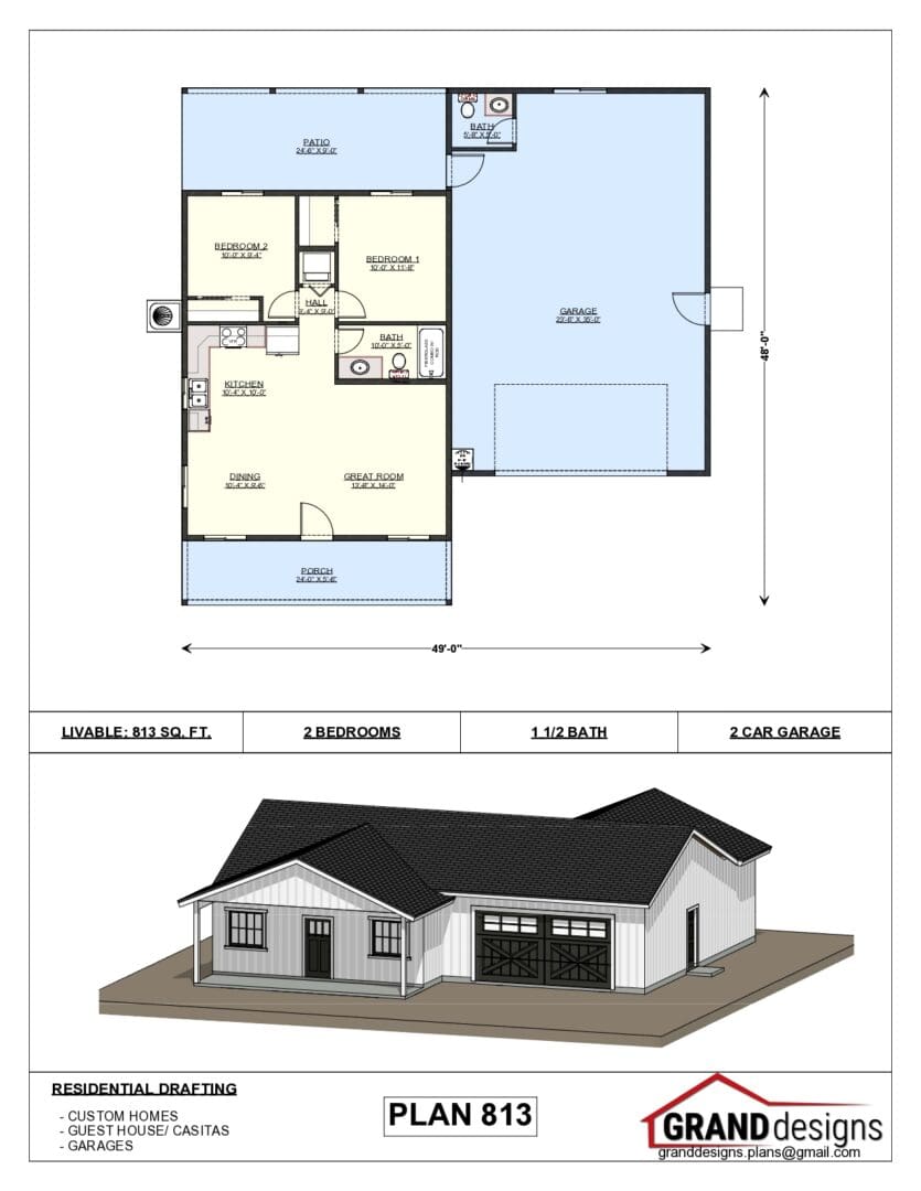 A floor plan of a house and an image of the front.