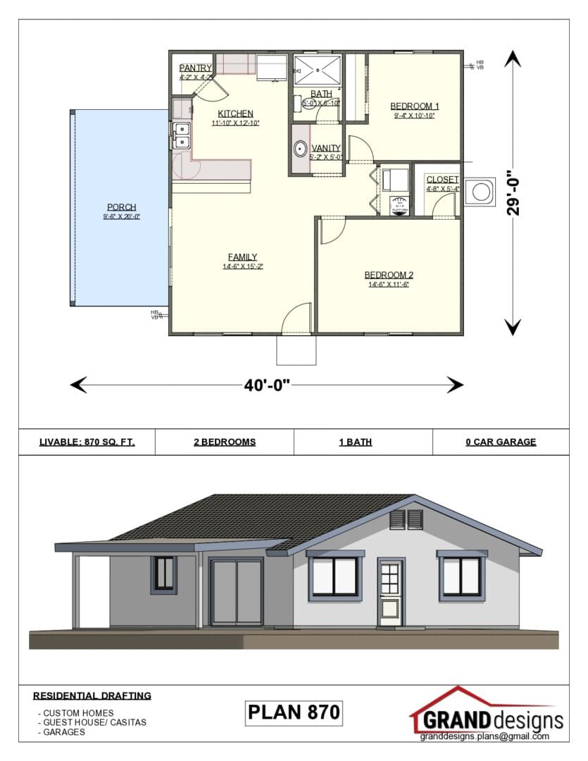 A floor plan of a house and an image of the front.