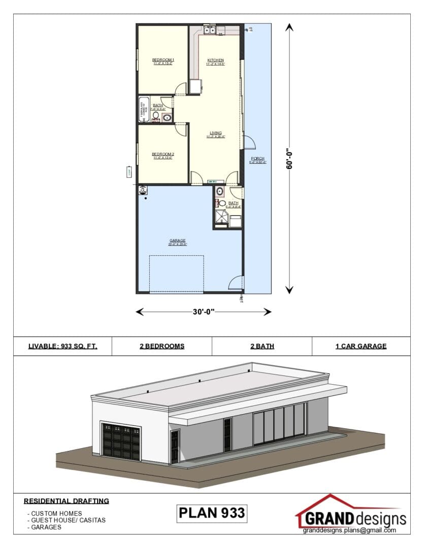 A floor plan of a building with an open garage.