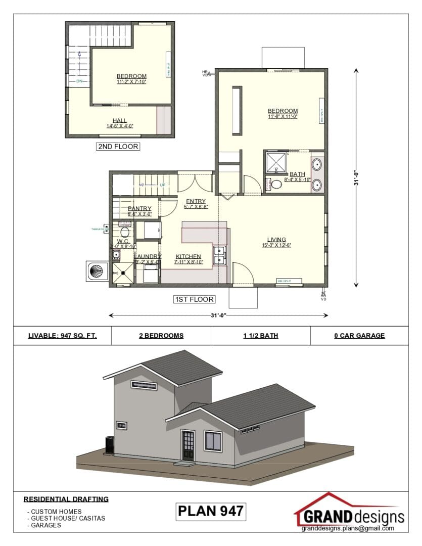 A floor plan of a house with two levels and a garage.