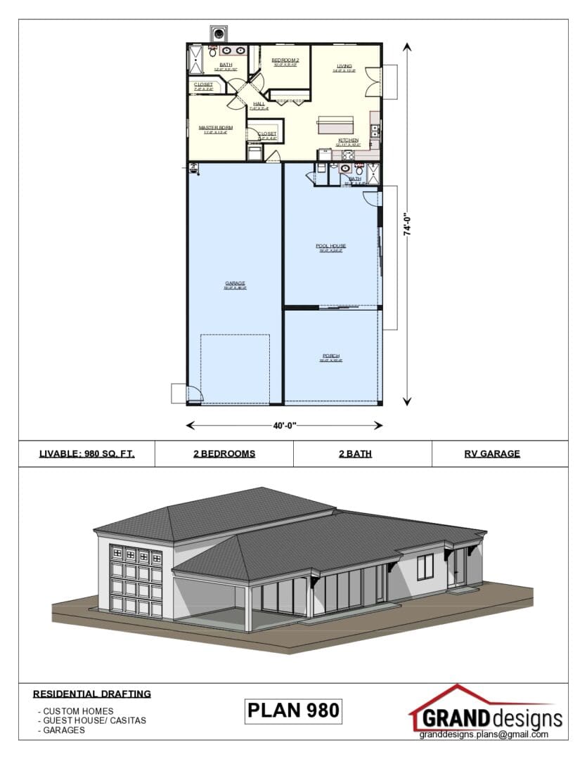 A drawing of the floor plan and an image of the building.