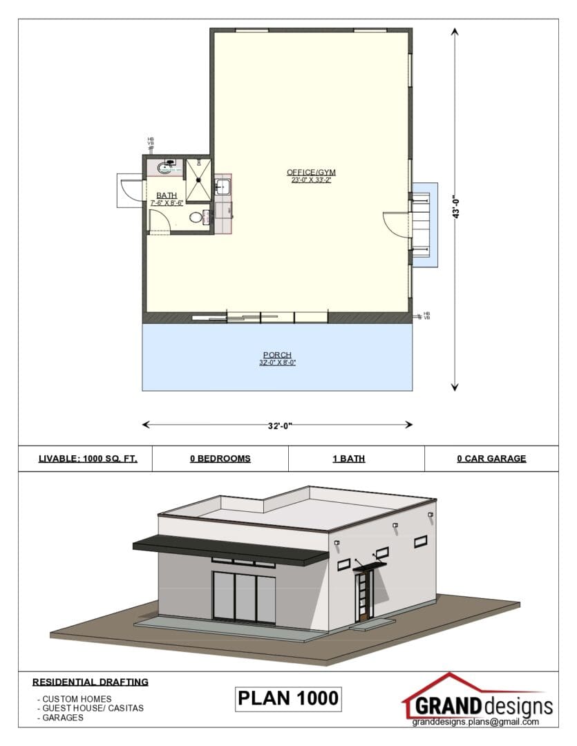 A drawing of the floor plan and an image of the building.