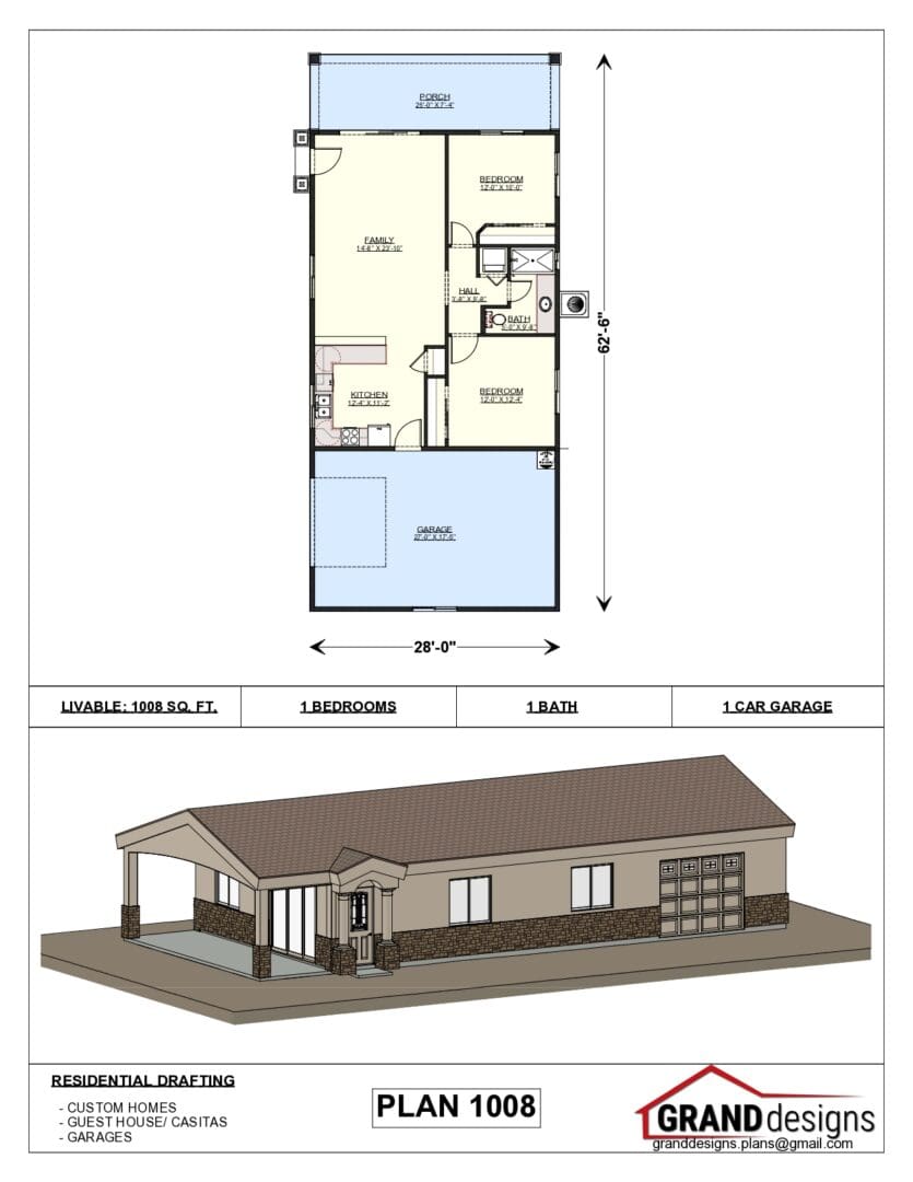 A floor plan of a house and an image of the front.