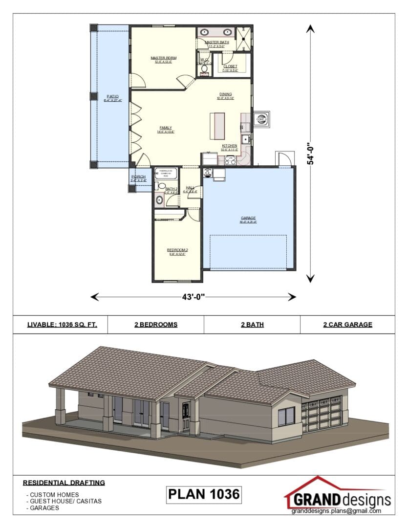 A floor plan of a house and an image of the front.