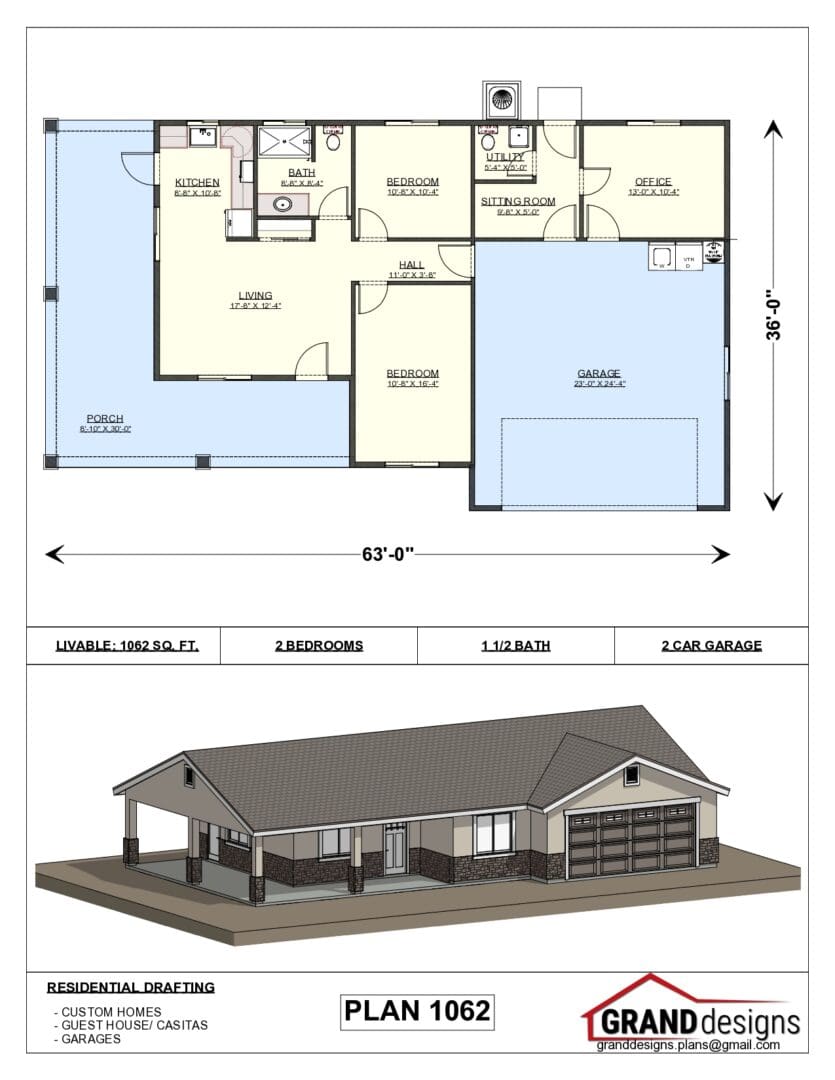 A floor plan of a house and an image of the front.