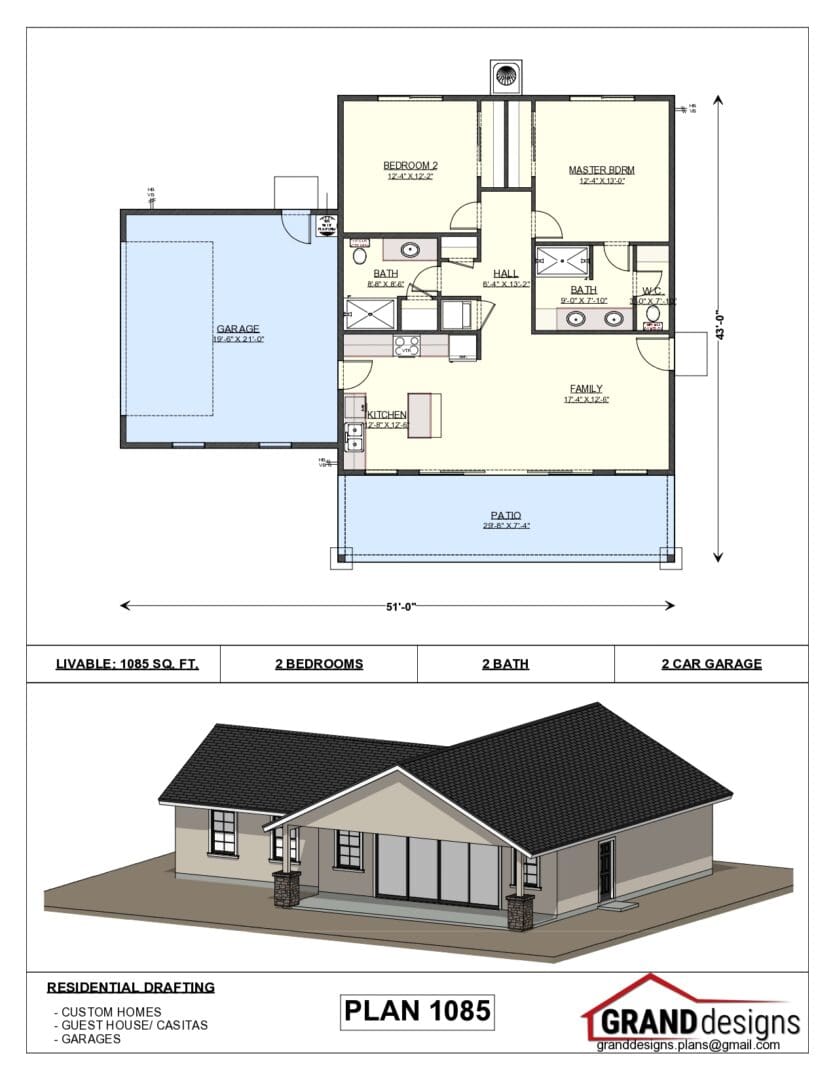 A floor plan of a house and an image of the front.