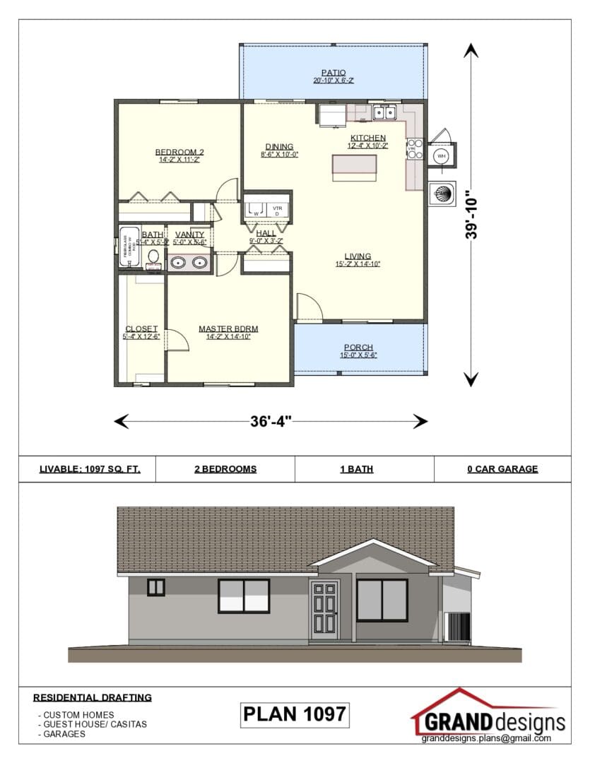 A floor plan of a house and an image of the front.