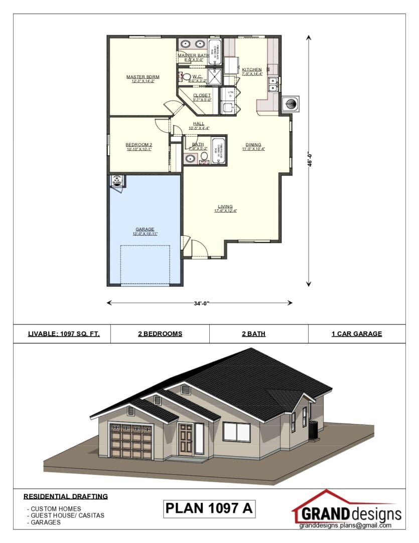 A floor plan of a house and an image of the front.