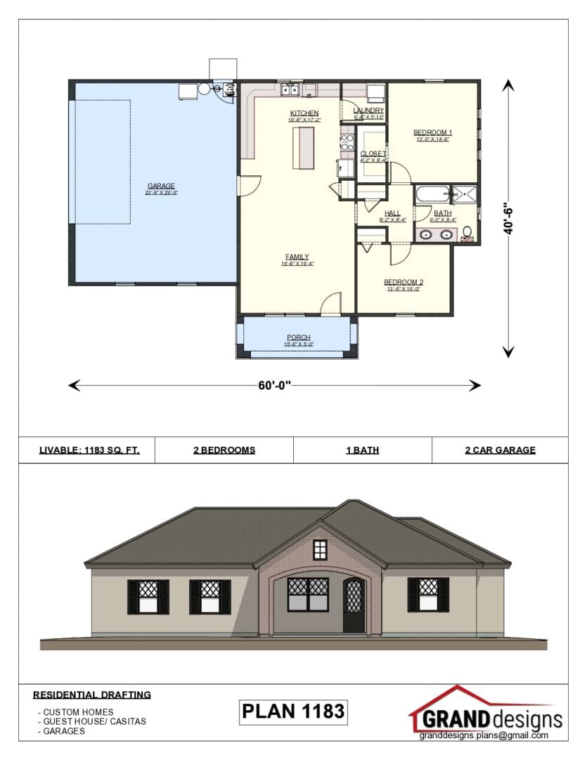 A floor plan and an image of the front of a house.