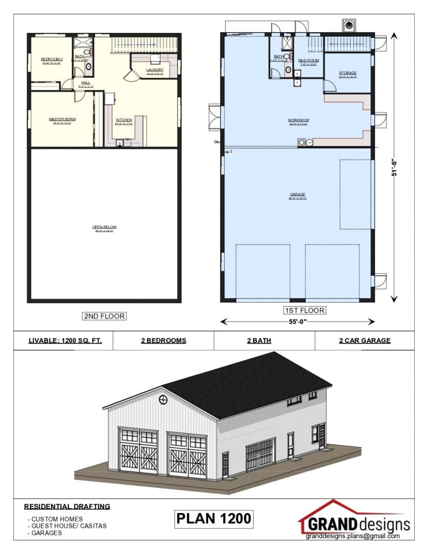 A floor plan of a garage with two levels and a loft.