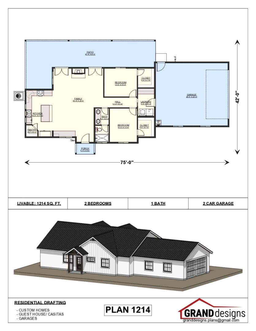 A floor plan of a house and an image of the front.