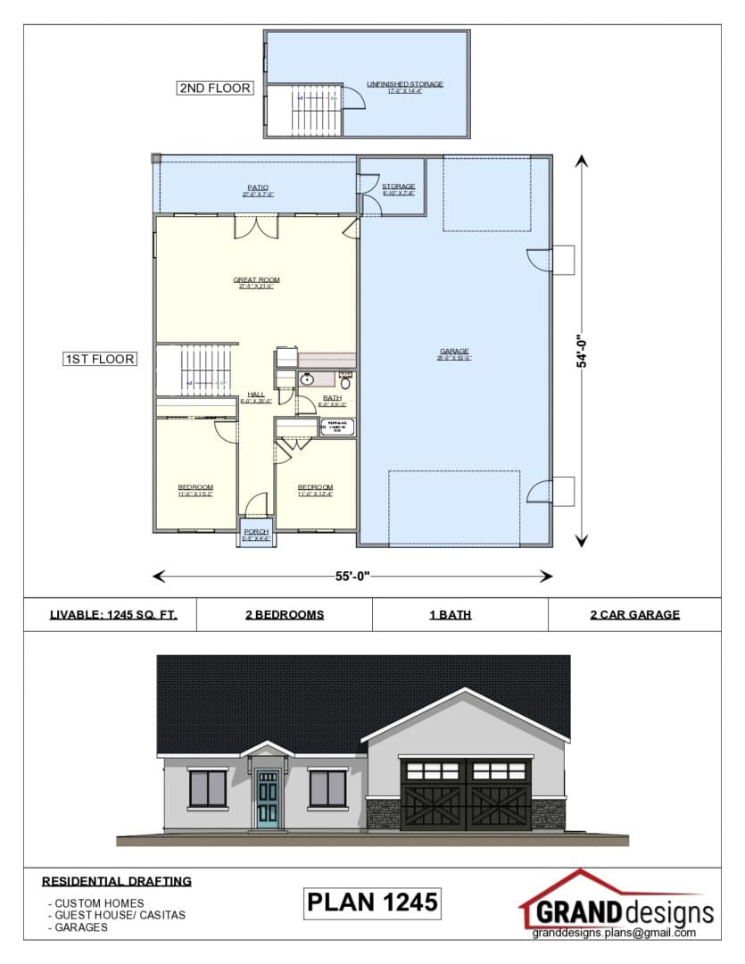 A floor plan of a house and an image of the front.