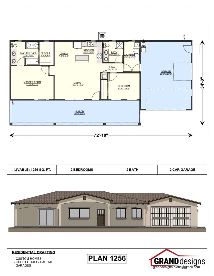 A floor plan and an image of the front of a house.