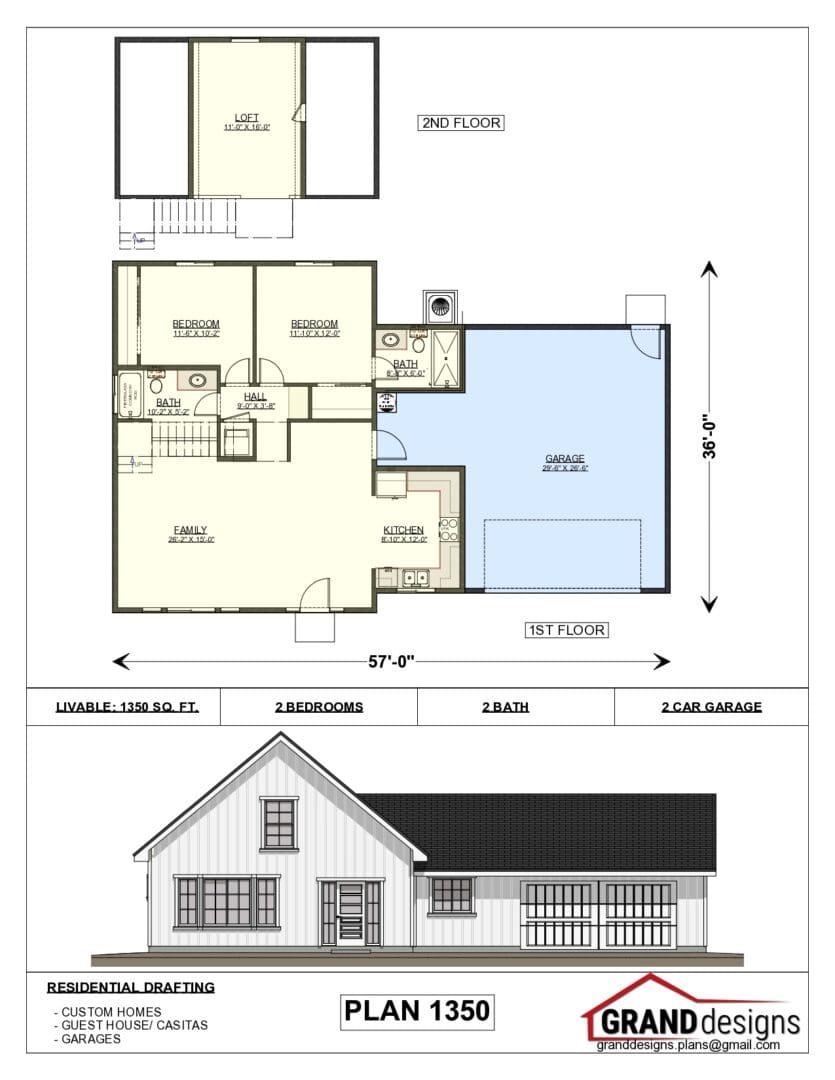 A floor plan of a house with two floors and three rooms.