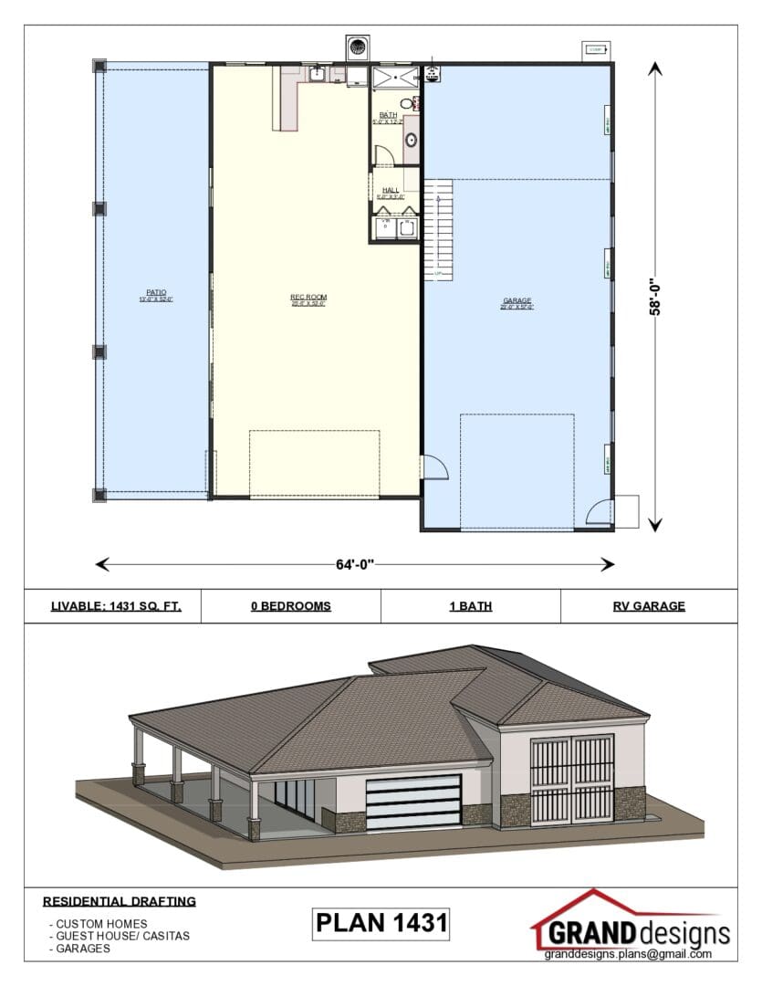 A floor plan of a house and an image of the front.