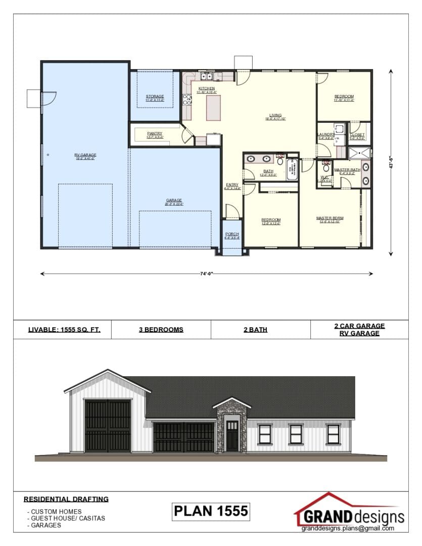 A floor plan and an image of the front of a house.