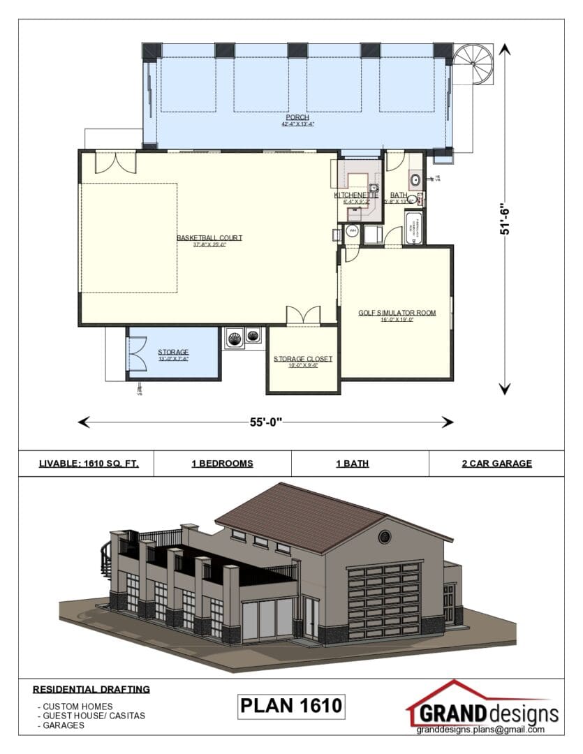 A floor plan of a house and an image of the front.