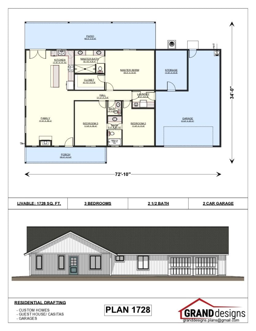 A floor plan and an image of the front of a house.