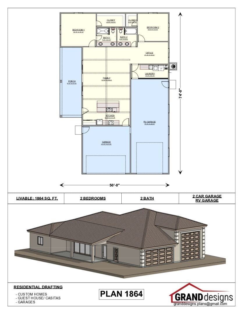 A drawing of the floor plan and an image of the building.