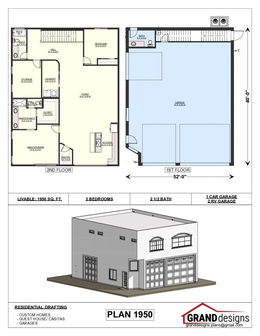 A floor plan of a building with two floors and one with a garage.