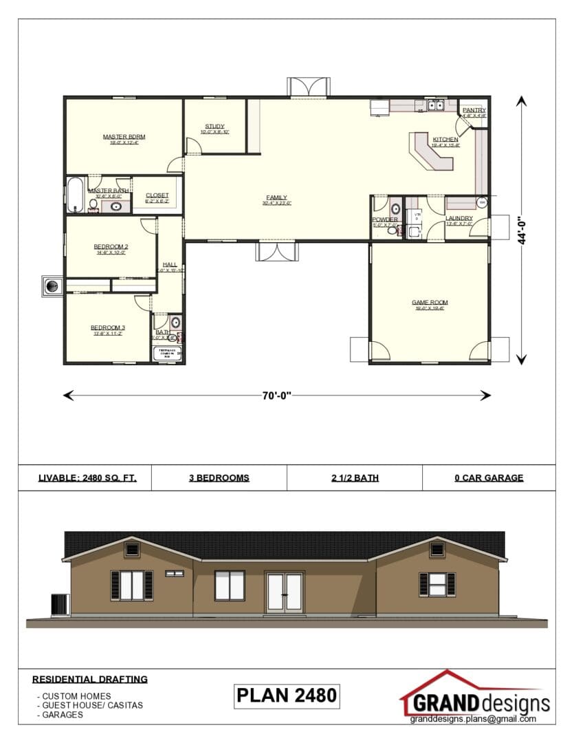 A floor plan and an image of the front of a house.