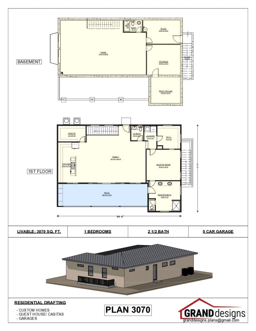 A floor plan of a house with two different elevations.