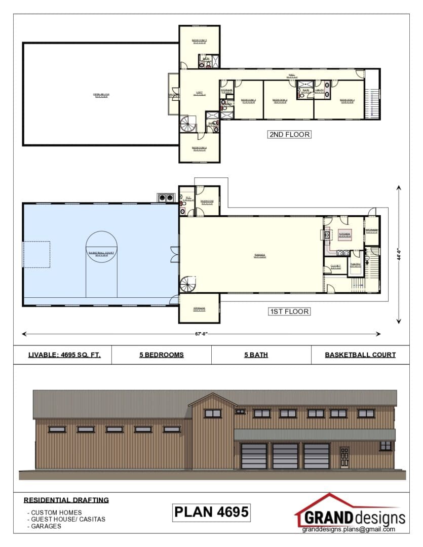 A floor plan of a building with a basketball court.