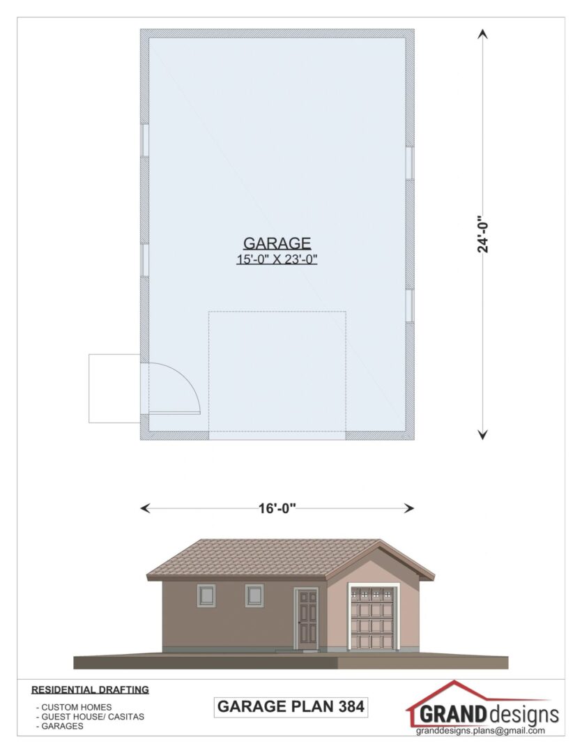 Garage plan 384 with dimensions.