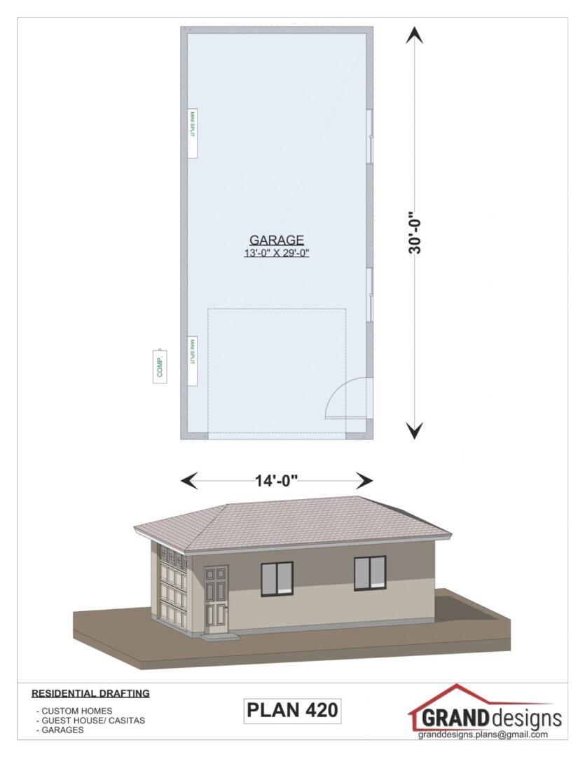 Plan 420, garage, 13' x 29' footprint.