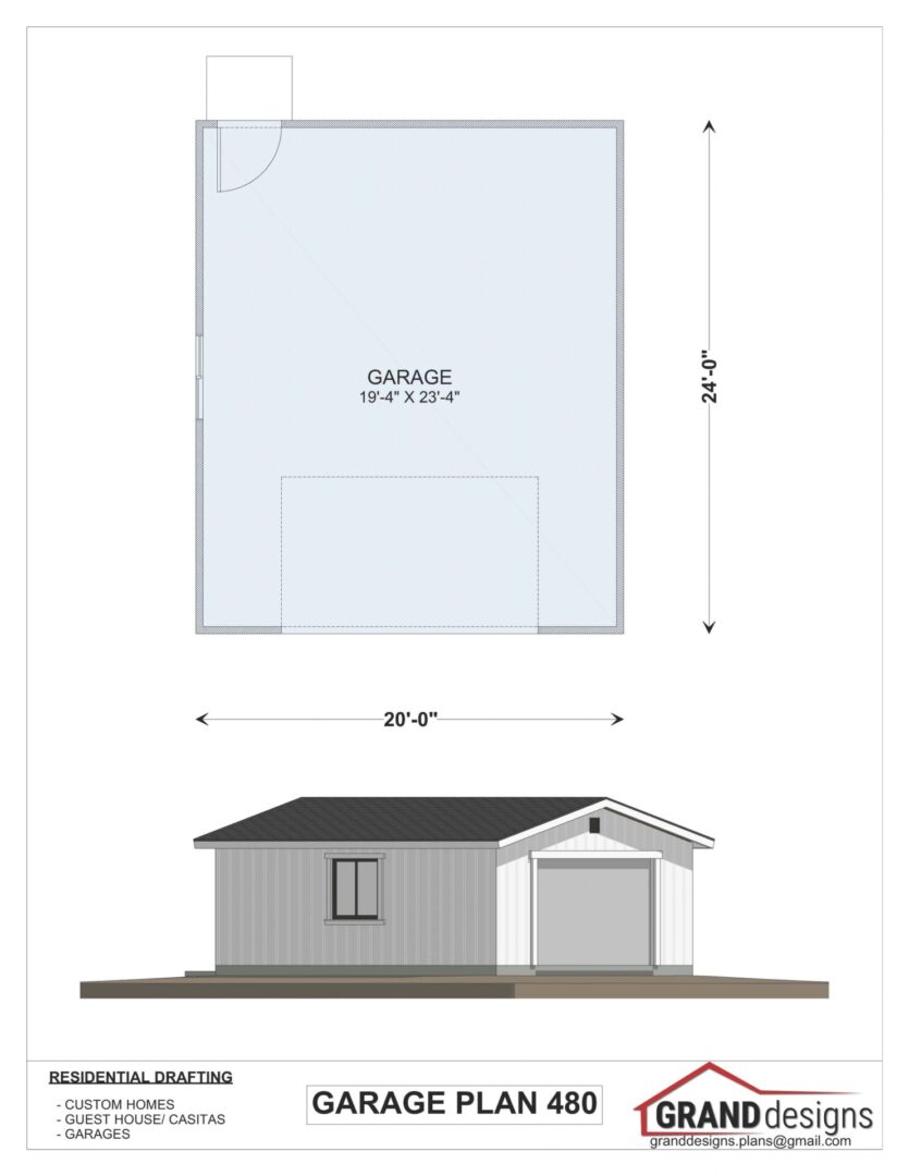 Garage plan with dimensions and 3D view.