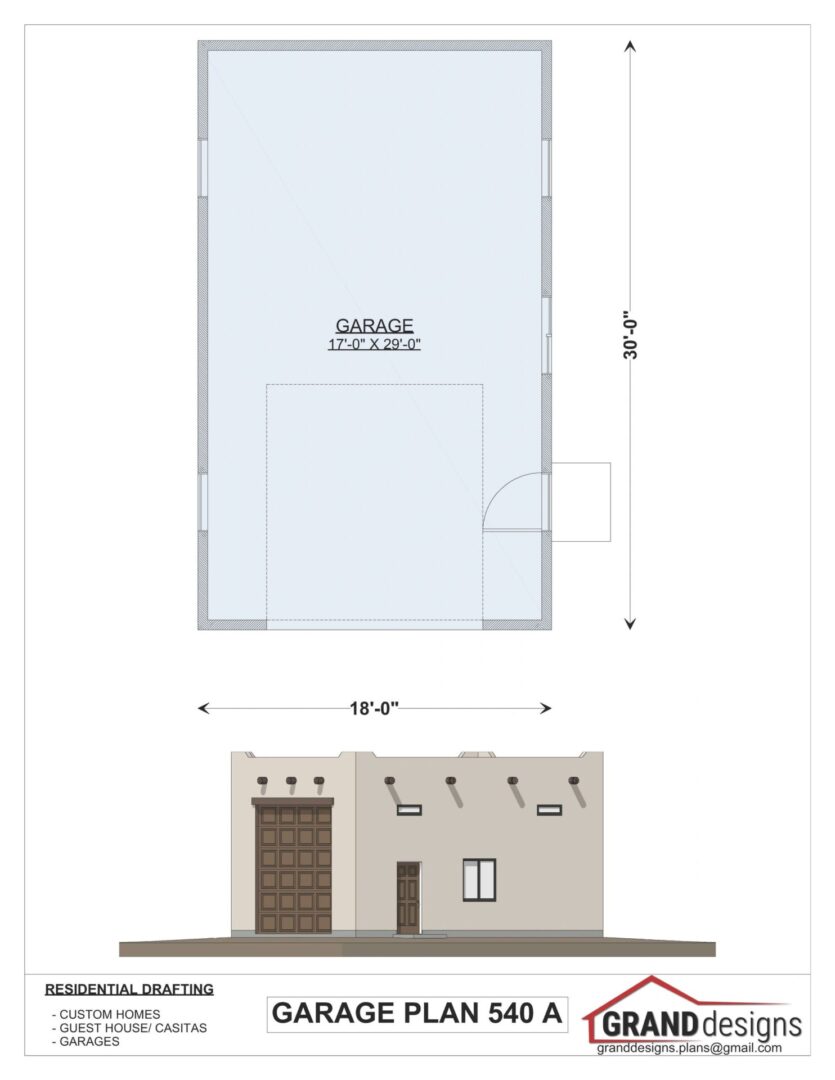 Garage plan 540A, 17'x29' with door and windows.