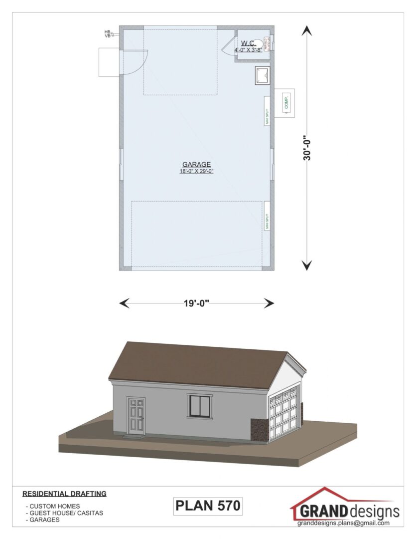 Plan 570 garage blueprint with 3D model.