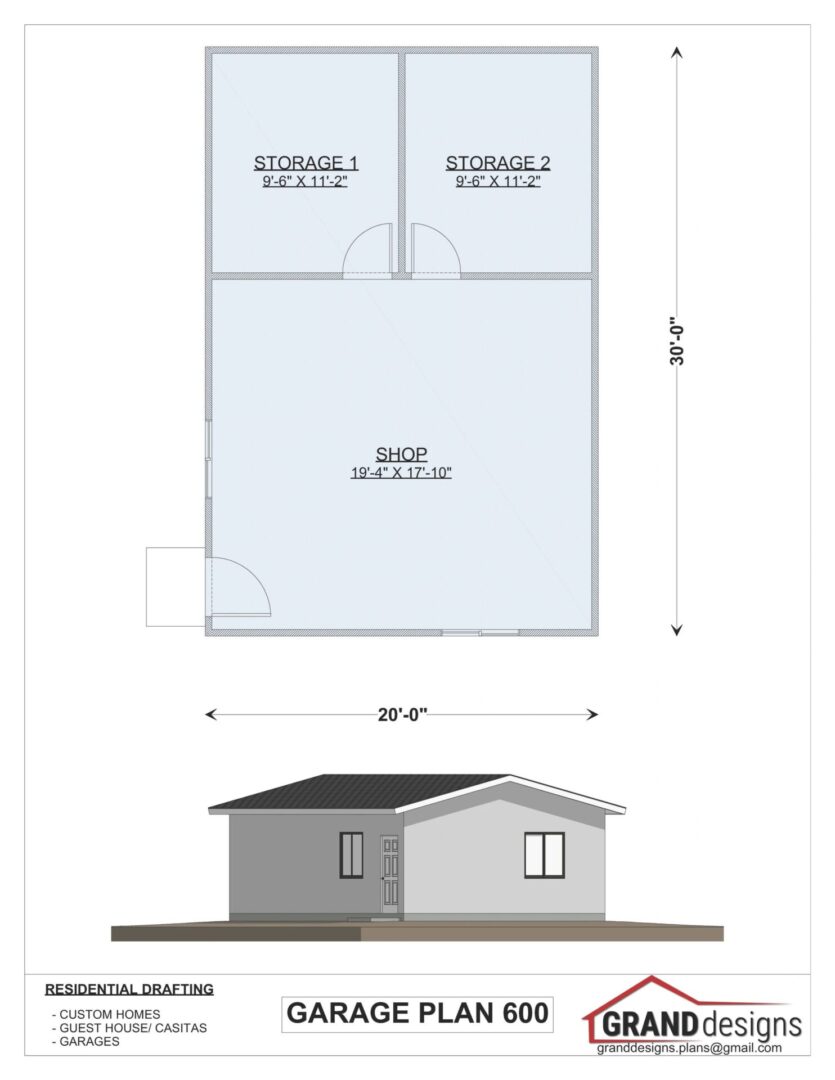 Garage plan 600 with shop and storage.