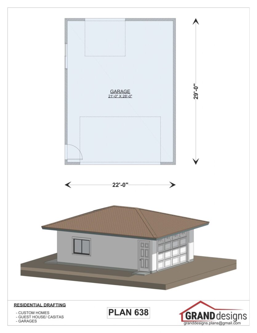 Plan 638, garage with brown roof.