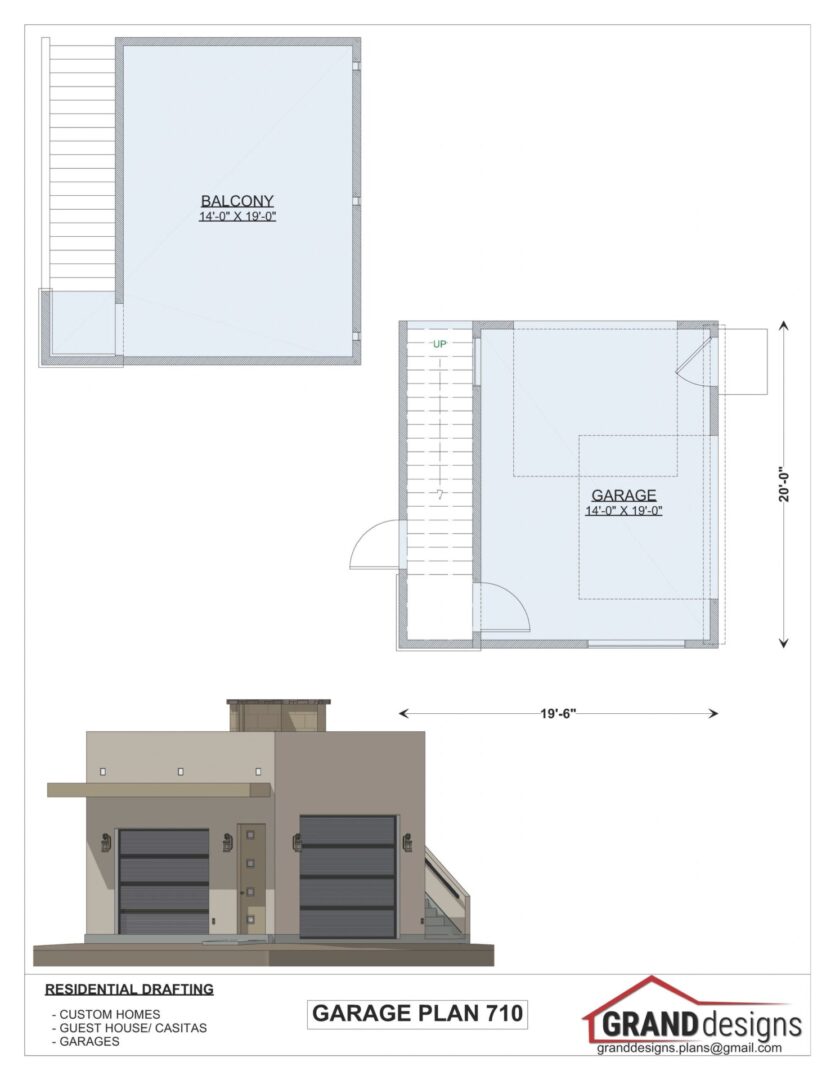 Garage plan with two car garage and balcony.